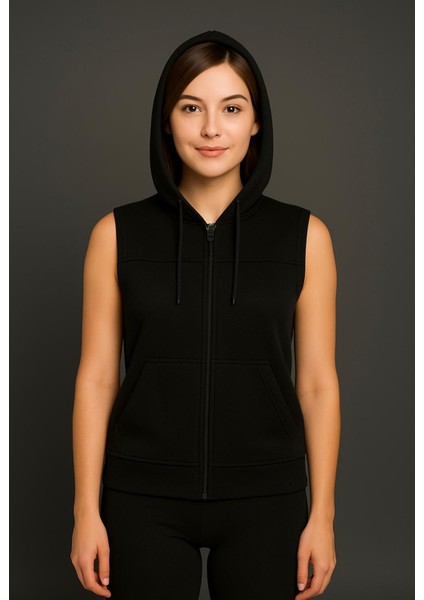 Kadın Siyah Fermuarlı Kapüşonlu Kanguru Cepli Kolsuz YELEK-Y1142-K