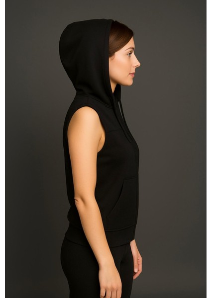 Kadın Siyah Fermuarlı Kapüşonlu Kanguru Cepli Kolsuz YELEK-Y1142-K fiyatları