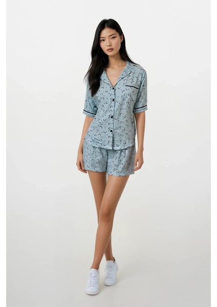 Kadın Mint Panda Kingdom Soft Doku Bebe Yaka Üst Şort Pijama Takım