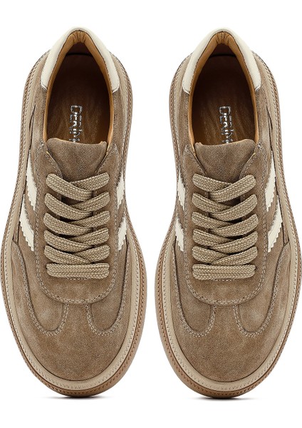 Kadın Bej Bağcıklı Kalın Tabanlı Süet Deri Sneaker 25AFD512610