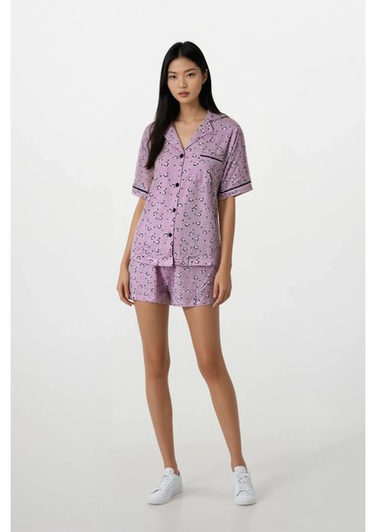 Kadın Pembe Panda Kingdom Soft Doku Bebe Yaka Üst Şort Pijama Takım