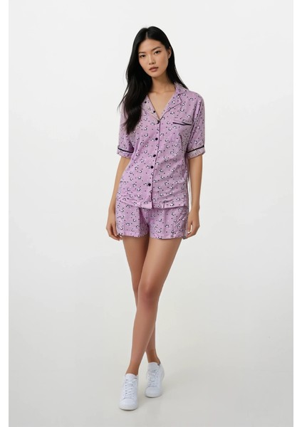 Kadın Pembe Panda Kingdom Soft Doku Bebe Yaka Üst Şort Pijama Takım modelleri