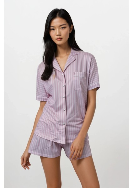 Kadın Pembe Çizgili Soft Doku Bebe Yaka Üst Şort Pijama Takım modelleri