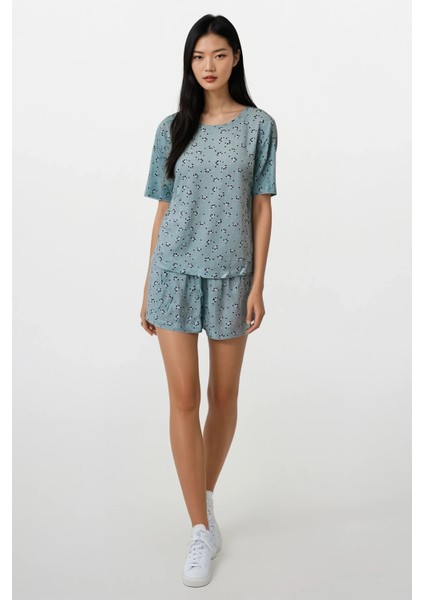 Kadın Mint Panda Kingdom Soft Doku Bisiklet Yaka Üst Şort Pijama Takım