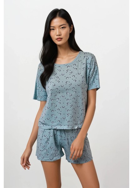 Kadın Mint Panda Kingdom Soft Doku Bisiklet Yaka Üst Şort Pijama Takım fiyatları