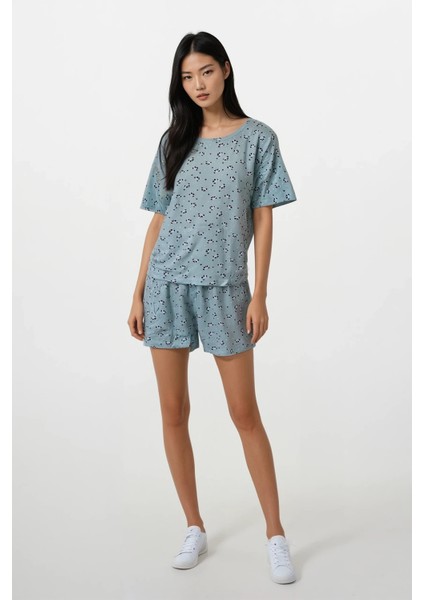 Kadın Mint Panda Kingdom Soft Doku Bisiklet Yaka Üst Şort Pijama Takım modelleri