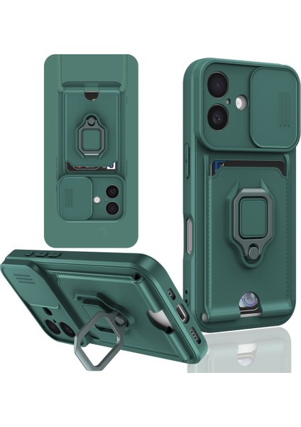 iPhone 16 Uyumlu Taşıma Askılı - Kartlıklı - Stantlı - Kamera Korumalı Silikon Telefon Kılıfı