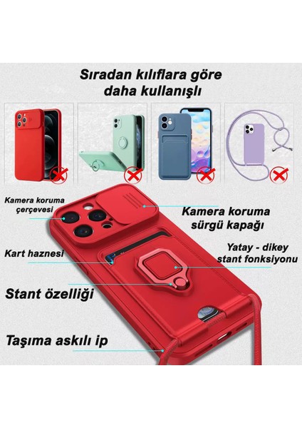 iPhone 16 Uyumlu Taşıma Askılı - Kartlıklı - Stantlı - Kamera Korumalı Silikon Telefon Kılıfı