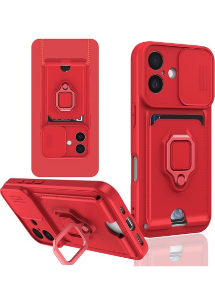 iPhone 16 Uyumlu Taşıma Askılı - Kartlıklı - Stantlı - Kamera Korumalı Silikon Telefon Kılıfı