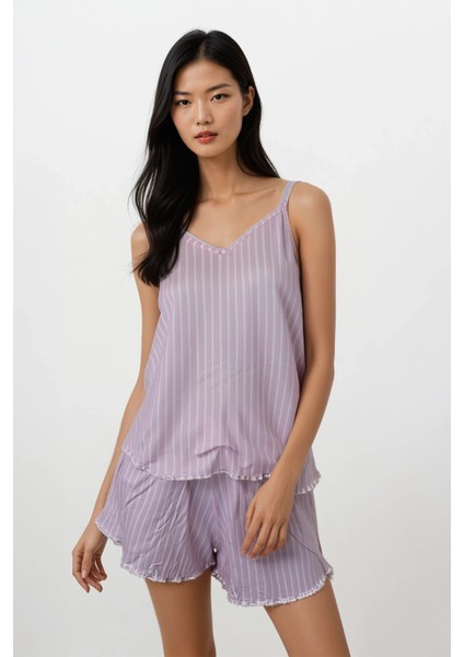 Kadın Pembe Çizgili Soft Doku Ip Askılı Üst Şort Pijama Takım fiyatları