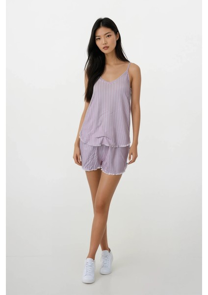 Kadın Pembe Çizgili Soft Doku Ip Askılı Üst Şort Pijama Takım modelleri