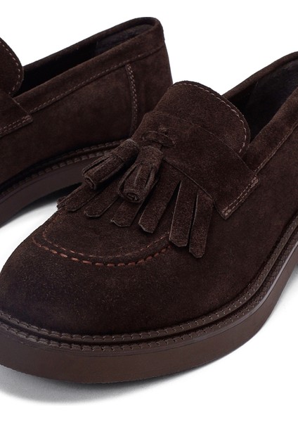 Kadın Kahverengi Püsküllü Süet Deri Loafer 25AFD512310