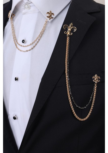 Gold Renk Taşlı Kraliyet Zambağı Ceket & Gömlek Zincirli Yaka Broş Seti