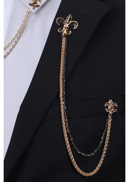 Gold Renk Taşlı Kraliyet Zambağı Ceket & Gömlek Zincirli Yaka Broş Seti fiyatları