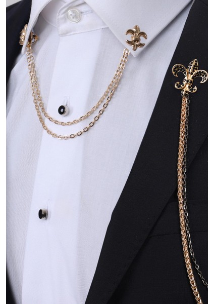 Gold Renk Taşlı Kraliyet Zambağı Ceket & Gömlek Zincirli Yaka Broş Seti modelleri