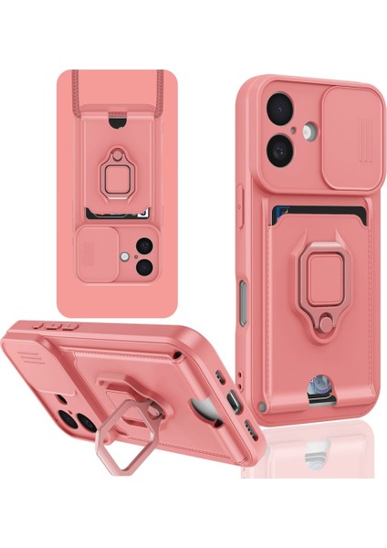 iPhone 16 Uyumlu Taşıma Askılı - Kartlıklı - Stantlı - Kamera Korumalı Silikon Telefon Kılıfı