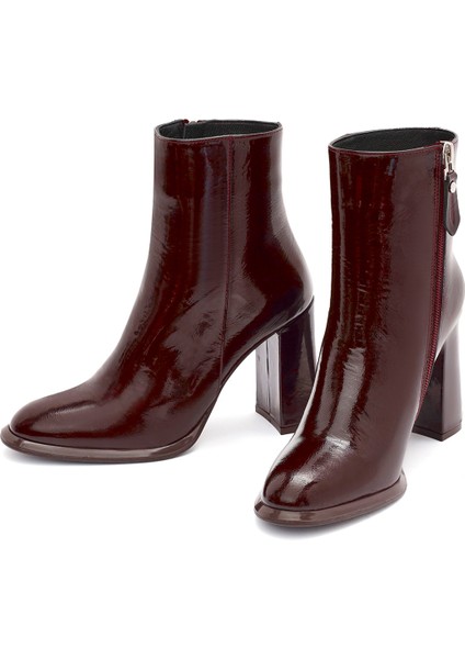 Kadın Bordo Fermuarlı Yüksek Kalın Topuklu Rugan Deri Bot 25WFD131116 modelleri