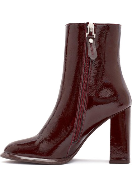 Kadın Bordo Fermuarlı Yüksek Kalın Topuklu Rugan Deri Bot 25WFD131116