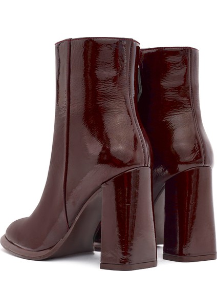 Kadın Bordo Fermuarlı Yüksek Kalın Topuklu Rugan Deri Bot 25WFD131116