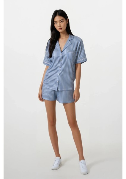 Kadın Mavi Çizgili Soft Doku Bebe Yaka Üst Şort Pijama Takım fiyatları
