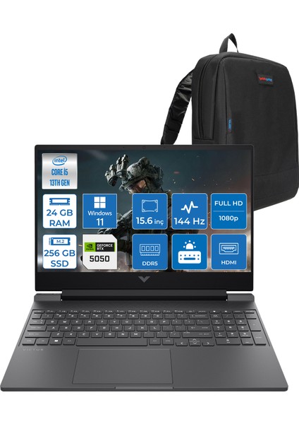 Victus Gaming Laptop Intel® Core™ I5-13420H 24GB Ddr5 256GB SSD 8GB/RTX5050 Gddr7 15.6" 144Hz IPS 300NITS FhdWindows 11 Home Taşınabilir Bilgisayar.BQ1P9EAH01+ZETTAÇANTA