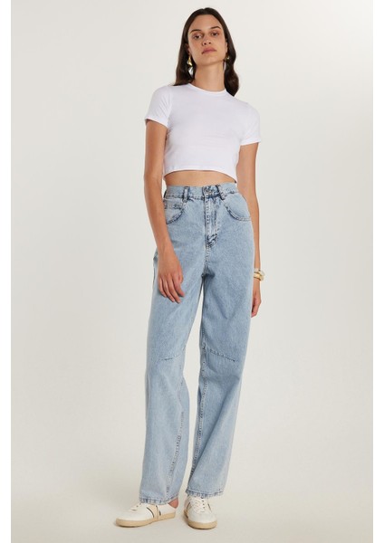 Kadın Regular Fit Tokalı Geniş Paça Baggy Mavi Jean Kot Pantolon fiyatları