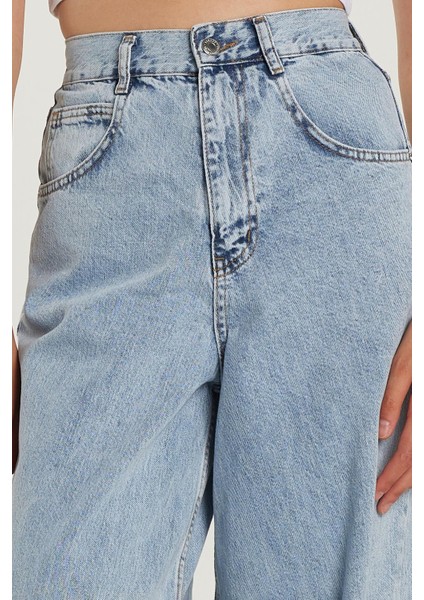 Kadın Regular Fit Tokalı Geniş Paça Baggy Mavi Jean Kot Pantolon modelleri