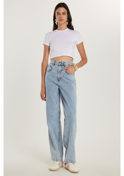Kadın Regular Fit Tokalı Geniş Paça Baggy Mavi Jean Kot Pantolon fırsatları