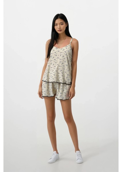 Kadın Sarı Panda Kingdom Soft Doku Ip Askılı Üst Şort Pijama Takım