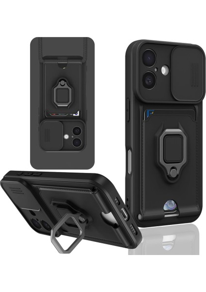 iPhone 16 Uyumlu Taşıma Askılı - Kartlıklı - Stantlı - Kamera Korumalı Silikon Telefon Kılıfı