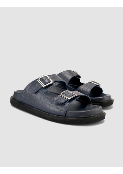 %100 Hakiki Deri Croco Desen Lacivert Erkek Terlik fiyatları