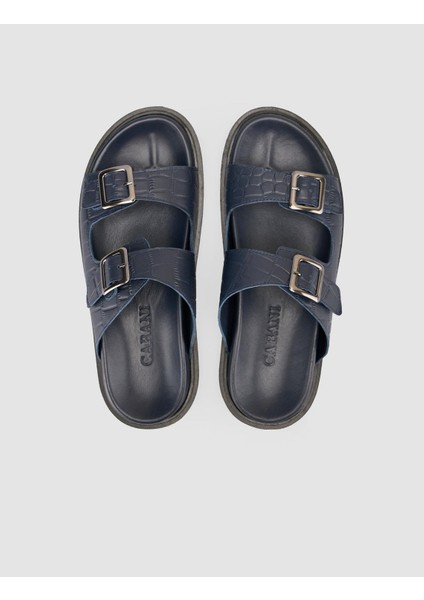 %100 Hakiki Deri Croco Desen Lacivert Erkek Terlik fırsatları