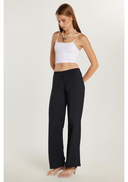 Kadın Regular Fit Beli Lastikli Modal Ispanyol Paça Siyah Pantolon modelleri