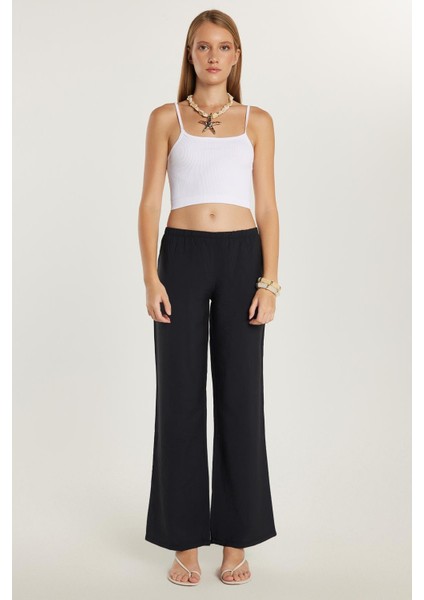 Kadın Regular Fit Beli Lastikli Modal Ispanyol Paça Siyah Pantolon fırsatları