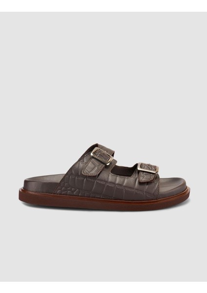 %100 Hakiki Deri Croco Desen Kahverengi Erkek Terlik