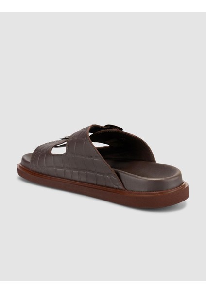 %100 Hakiki Deri Croco Desen Kahverengi Erkek Terlik