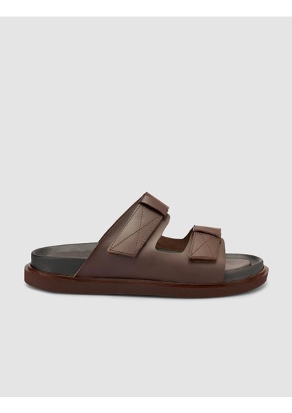 %100 Hakiki Deri Cırt Cırtlı Kahverengi Erkek Terlik