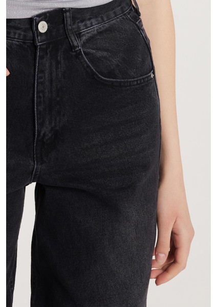 Kadın Regular Fit Tokalı Geniş Paça Baggy Jean Kot Füme Pantolon fiyatları