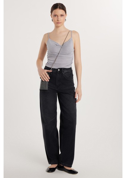 Kadın Regular Fit Tokalı Geniş Paça Baggy Jean Kot Füme Pantolon modelleri