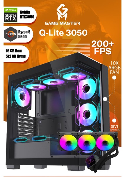 Qlite 3050 R5 5600 Cpu 16GB Ddr4 Ram 512GB M.2 RTX3050 10X Argb Fan Sıvı Soğutuculu Siyah Gaming Pc