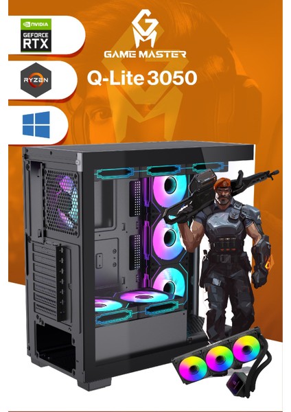 Qlite 3050 R5 5600 Cpu 16GB Ddr4 Ram 512GB M.2 RTX3050 10X Argb Fan Sıvı Soğutuculu Siyah Gaming Pc modelleri