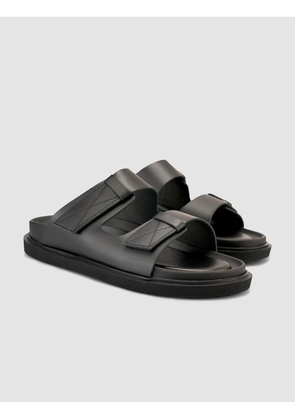 %100 Hakiki Deri Cırt Cırtlı Siyah Erkek Terlik