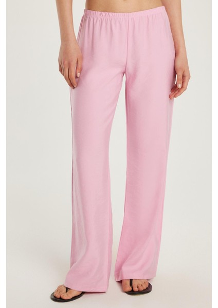 Kadın Regular Fit Beli Lastikli Modal Ispanyol Paça Pembe Pantolon