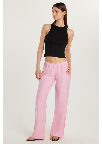 Kadın Regular Fit Beli Lastikli Modal Ispanyol Paça Pembe Pantolon modelleri