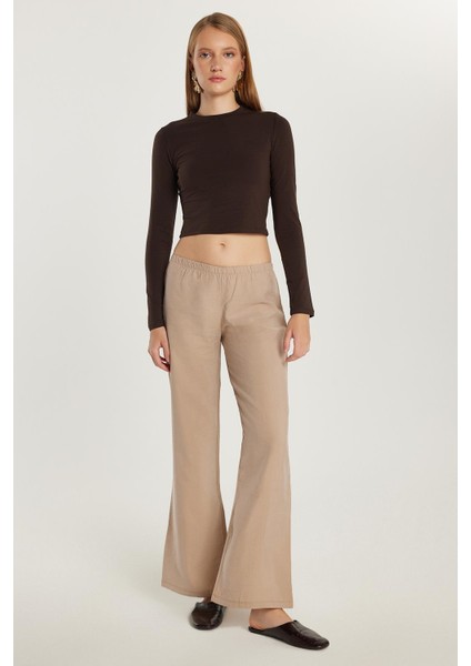 Kadın Regular Fit Beli Lastikli Modal Ispanyol Paça Vizon Pantolon modelleri