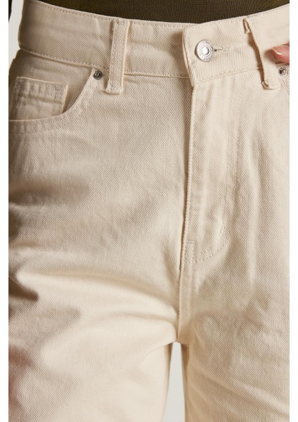 Kadın Regular Fit %100 Pamuk Bol Paça Bej Jean Kot Pantolon modelleri