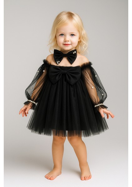 Kız Çocuk Siyah Tül Fiyonk ve Inci Detaylı Elbise