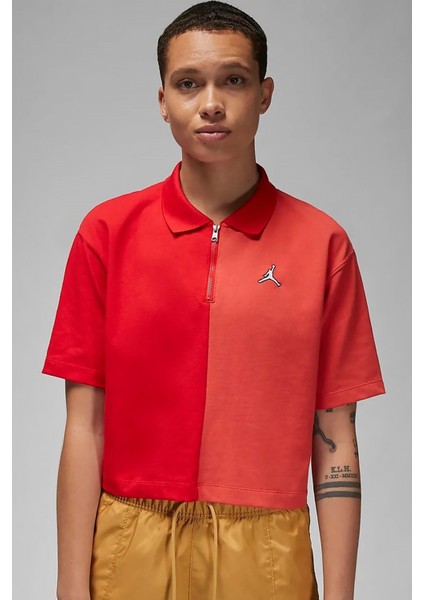 Jordan Flight Loose Fit 1/4 Zip T-Shirt Kadın 1/4 Fermuar Gömlek Yakalı Bol Kalıp Kısa Tişört Kırmızı