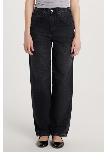 Kadın Regular Fit Tokalı Geniş Paça Baggy Jean Kot Füme Pantolon