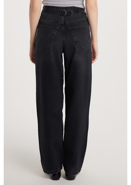 Kadın Regular Fit Tokalı Geniş Paça Baggy Jean Kot Füme Pantolon indirimleri